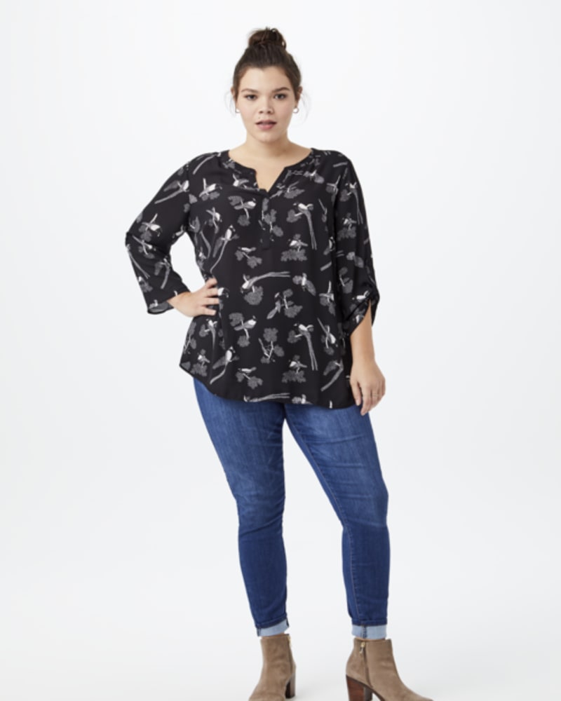 Front of a model wearing a size 1X Garcelle Three-Quarter Sleeve Blouse in BLACK by Daniel Rainn. | dia_product_style_image_id:255210